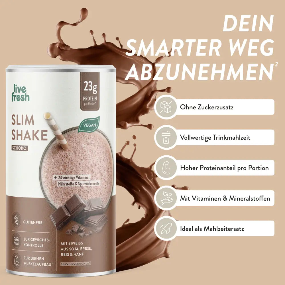 Dose LiveFresh Slim Shake Schoko mit Milchsplash und der Überschrift Mehr Leichtigkeit ohne Verzicht. Auf der Verpackung stehen 23 Gramm Protein pro Portion vegan plus 23 wichtige Vitamine Nährstoffe und Spurenelemente sowie glutenfrei und geeignet zur Gewichtskontrolle.