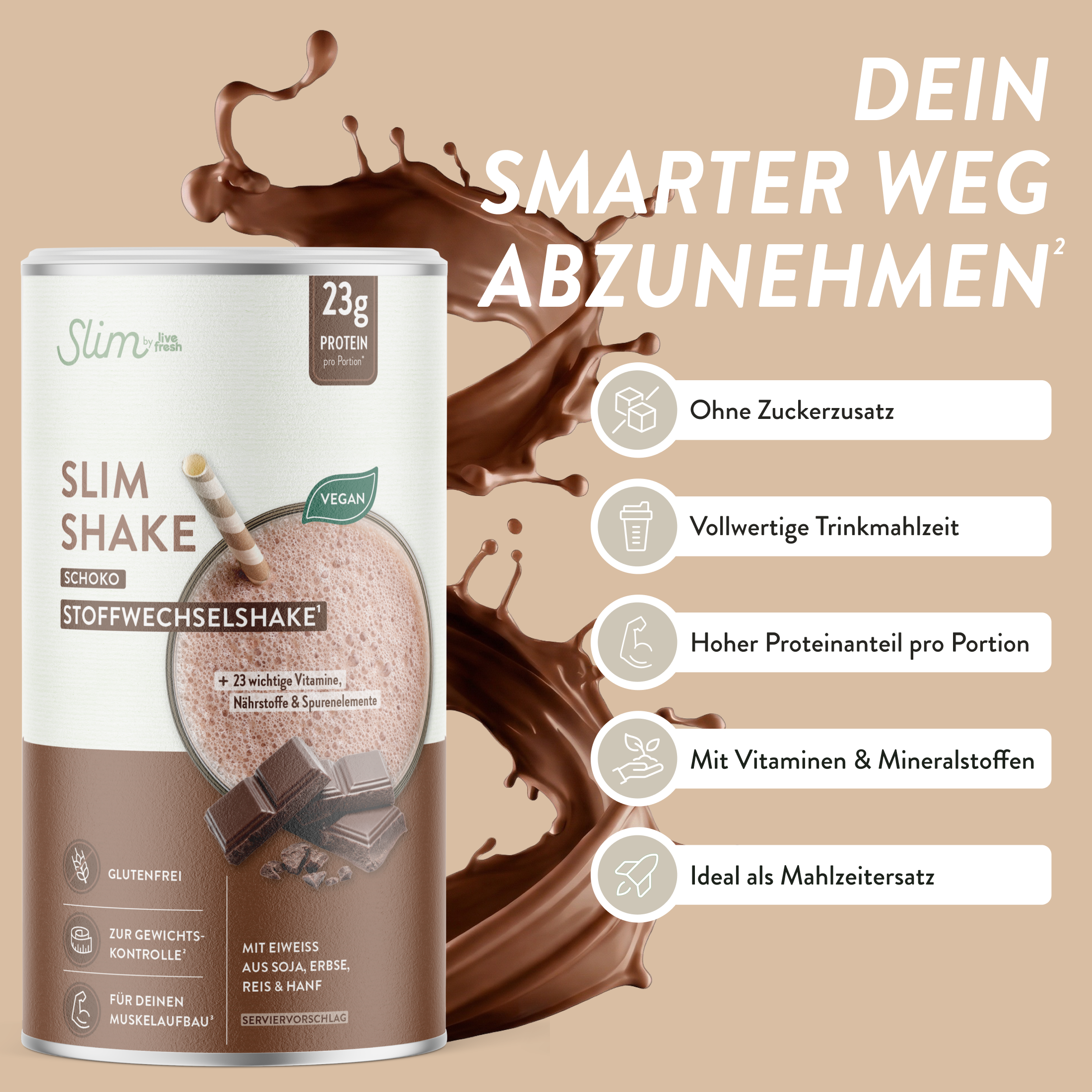 Dose LiveFresh Slim Shake Schoko mit Milchsplash und der Überschrift Mehr Leichtigkeit ohne Verzicht. Auf der Verpackung stehen 23 Gramm Protein pro Portion vegan plus 23 wichtige Vitamine Nährstoffe und Spurenelemente sowie glutenfrei und geeignet zur Gewichtskontrolle.