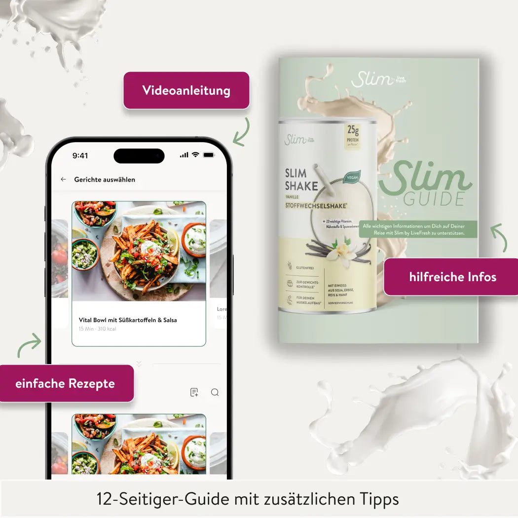 Grafik zu Slim by LiveFresh mit Smartphone App für einfache Rezepte Videoanleitung und dem Slim Guide mit Hintergrund Infos mit dem Vanille Shake mit 24g Protein auf dem Cover abgebildet