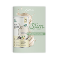 Slim Guide von Slim by LiveFresh mit abgebildeter Dose Slim Shake Vanille mit 24g Protein und veganem Siegel vor einem cremigen Shake Splash. Auf dem Cover stehen Hinweise wie glutenfrei zur Gewichtskontrolle und mit Eiweiss aus Soja Erbse Reis und Hanf.