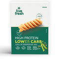 Verpackung von LiveFresh High Protein Lower Carb Fusilli aus Erbsenprotein mit Spiralnudeln auf der Vorderseite. Vegane Protein Nudeln mit 51 Prozent Protein und 70 Prozent weniger Kohlenhydraten.