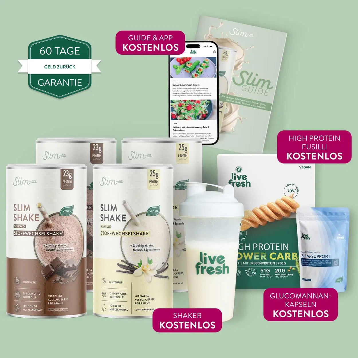 Slim Shake Starter Set zum Abnehmen mit mehreren Shake Dosen, Shaker, Proteinpulver, Slim Guide und App Darstellung vor grünem Hintergrund. Zusätzliche Hinweise „Guide & App kostenlos“, „High Protein Fusilli kostenlos“, „Shaker kostenlos“ und „Glucomannan Kapseln kostenlos“ zeigen die enthaltenen Extras neben dem Slim Shake.