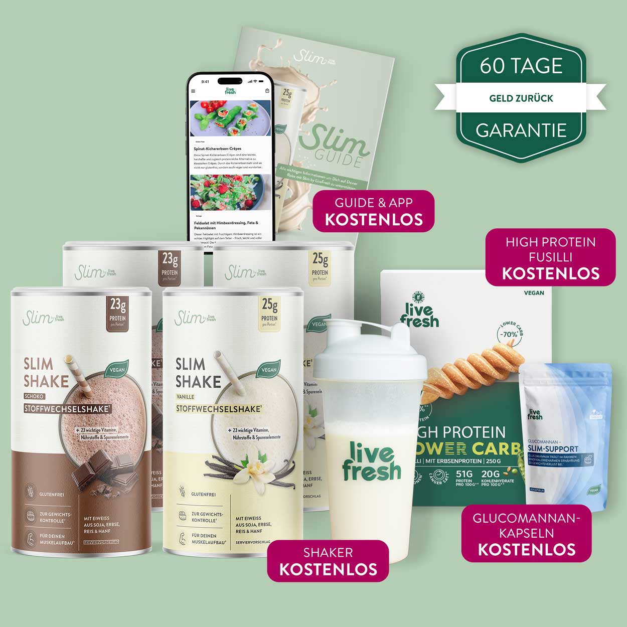 Slim Shake Starter Set zum Abnehmen mit mehreren Shake Dosen, Shaker, Proteinpulver, Slim Guide und App Darstellung vor grünem Hintergrund. Zusätzliche Hinweise „Guide & App kostenlos“, „High Protein Fusilli kostenlos“, „Shaker kostenlos“ und „Glucomannan Kapseln kostenlos“ zeigen die enthaltenen Extras neben dem Slim Shake.